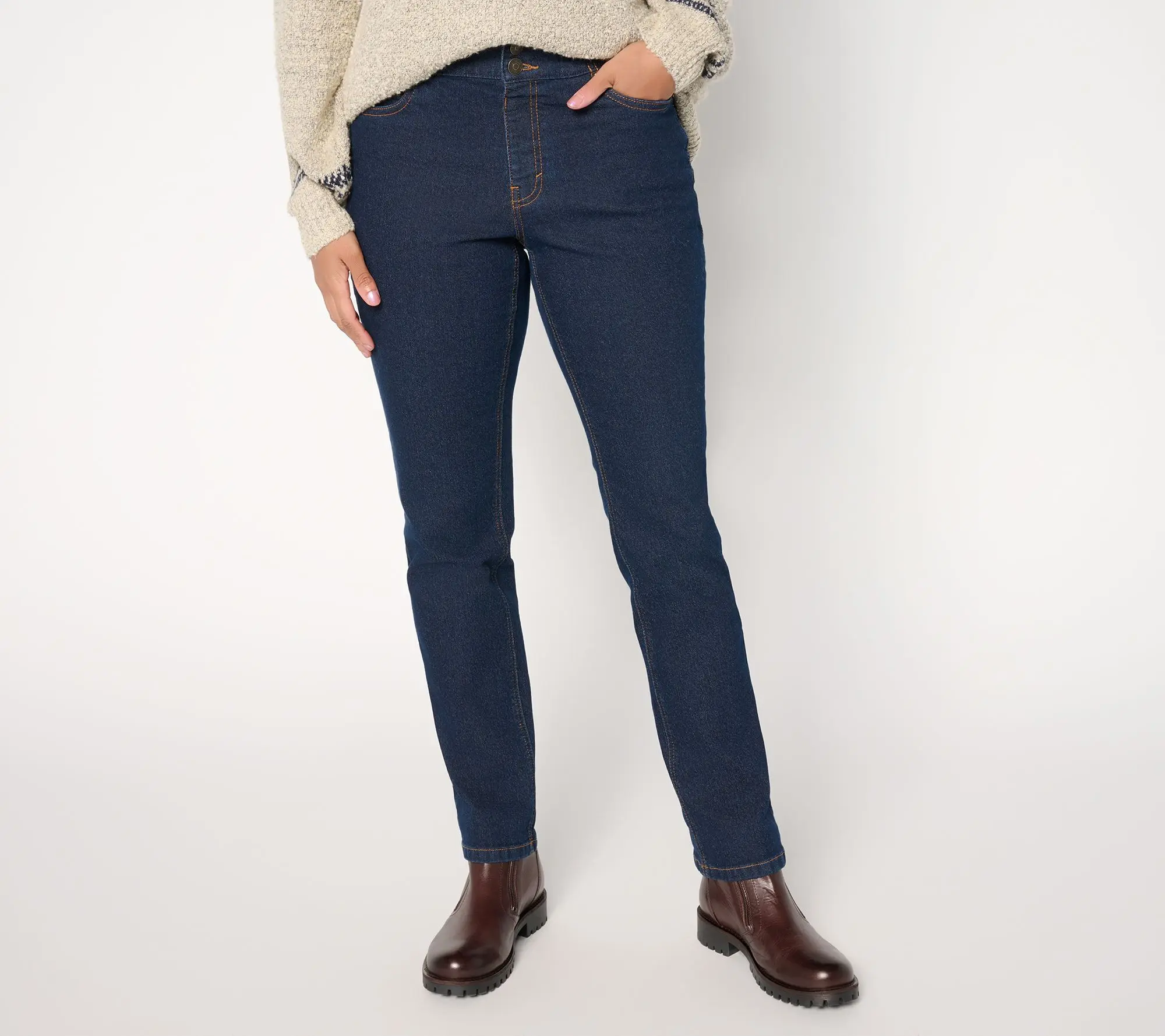 Denim & Co. Regular Indigo Classic Stretch Double Button Jeans Denim & Co. Regular Indigo Classic Stretch Double Button Jeans