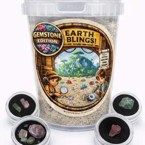 Earth Blings Gemstone Edition Dig Kit – Real Gemstone Discovery Bucket with 5+ Raw Gemstones in Display Cases, Raw Hexagonal Ruby Chunk, Crackable Geode, Crystal Carving, Beaded Bracelet, Shark Teeth Fossils, Raw & Tumbled Stones – Kids & Collector Gift