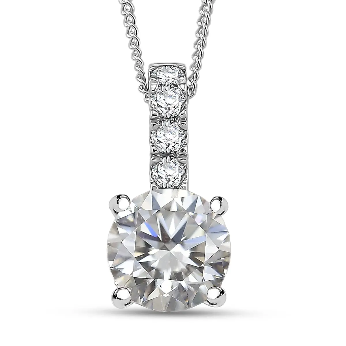 D'Joy Moissanite (Rnd 9mm) Pendant Necklace (18 Inches) in Rhodium Over Sterling Silver 2.80 ctw