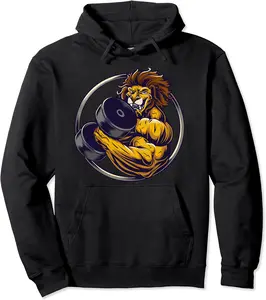 Bodybuilder Lion Illustration Dumbbell Bench Press Design Pullover Hoodie - Latellestcha Shop 93B0BRGVM7KP