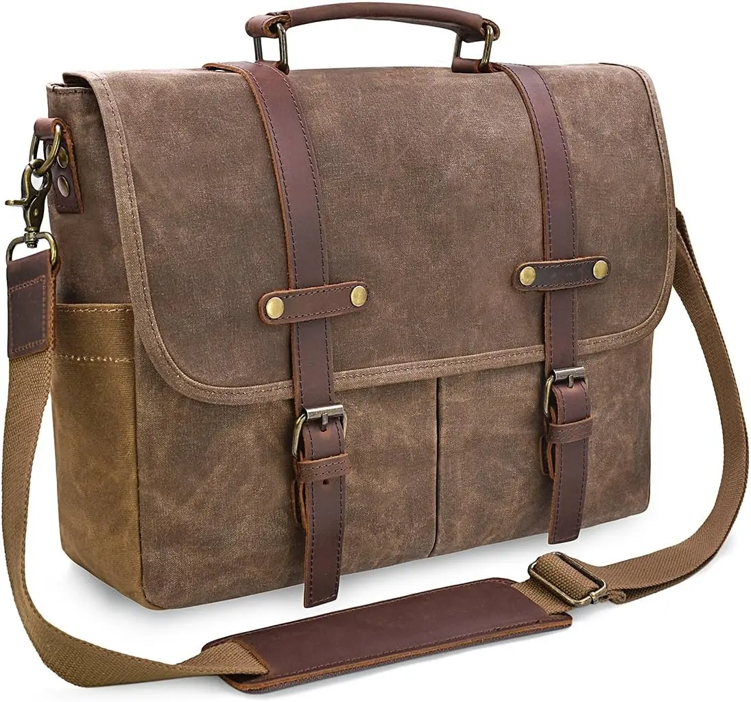 Vintage Waxed Canvas & Genuine Leather Messenger Bag for 15.6" Laptop, Waterproof Shoulder Briefcase, Brown