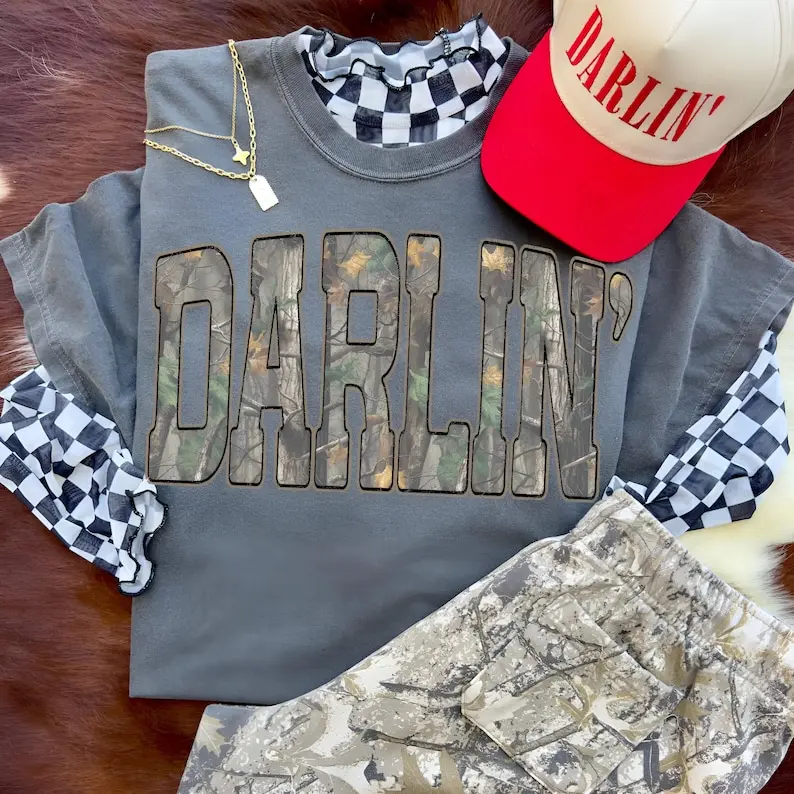 Retro Camo Western, Darlin Retro Camo Country Distressed Cowboy Quote, Camouflage Design Tee, Western Concert, Southern