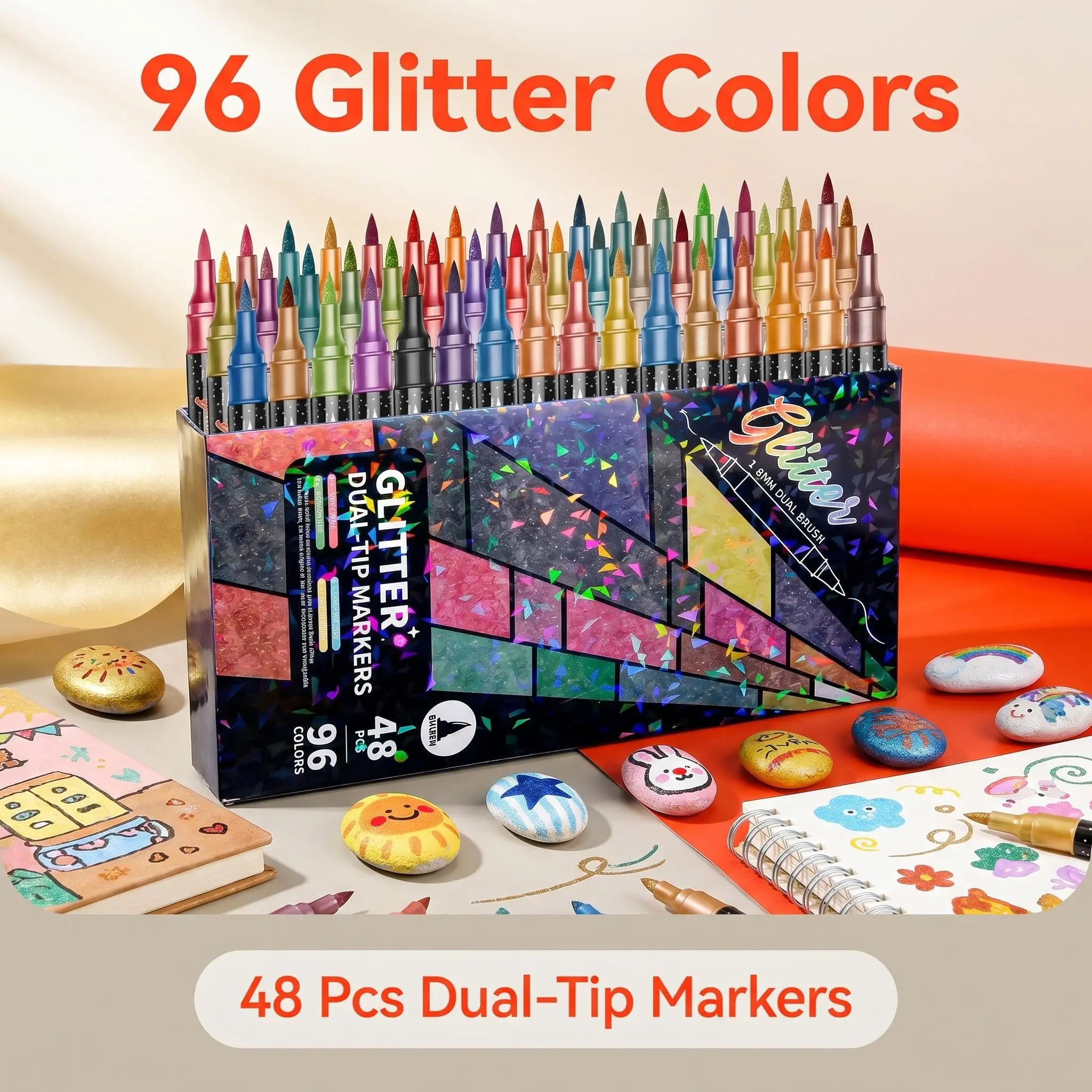 Dual Tip Glitter Marker Set, 48/24 Pack with 96 Shimmery 2-Tone Glitter Colors, Fine Point & Soft Brush Dual Nibs, Water-Based Non-Toxic Sparkle Paint Pens for Rock Painting, Bullet Journal, Office Stationery Supplies