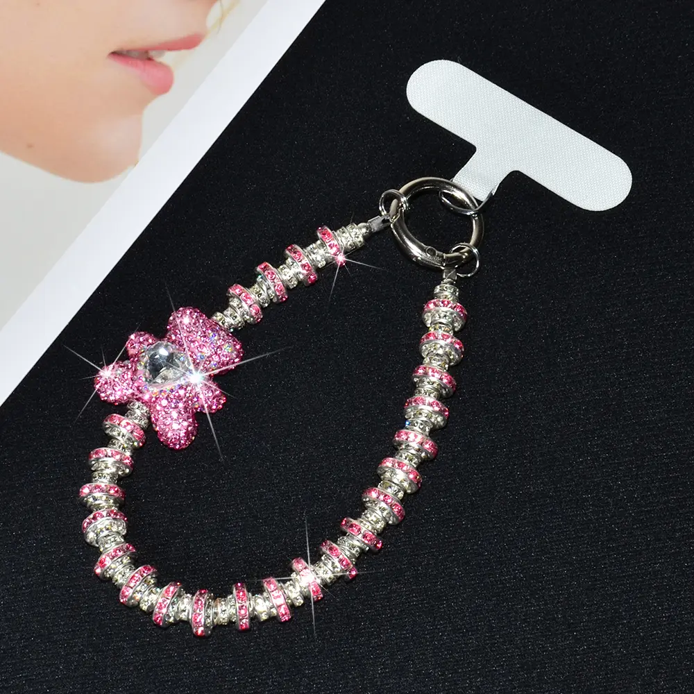 Elegant Heart Bear Smartphone Case Bracelet, Anti-Lost Wrist Strap for Outdoor Travel, Fashion Keychain with Rhinestones, Phone Charm, Phone Accessory