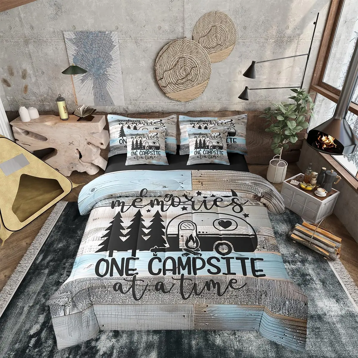 Feelyou 7-Piece Ultra Soft Microfiber Bedding Set - RV Camper Retro Wood Camp Themed Bedroom Bedding, Decorative Microfiber Sheet Set for Teens, Bedroom Bedding Set