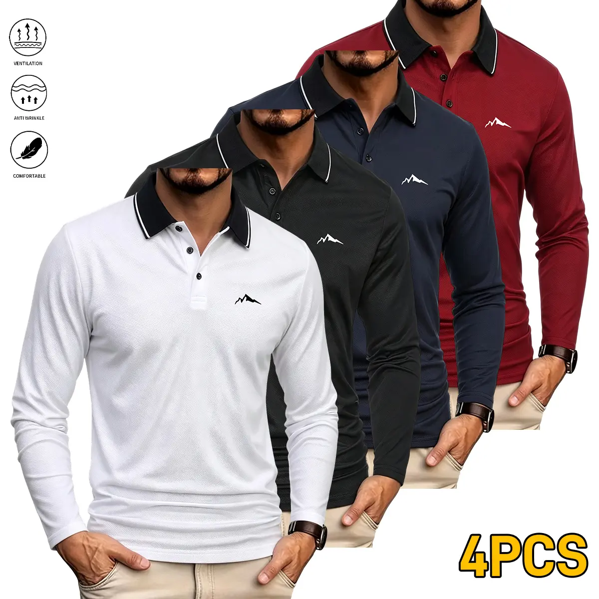 Men’s 4-piece set polo shirts with turn-down collar — comfortable long sleeves, casual fit; classic turn-down collar shirt suitable for work, golf, travel, and everyday wear