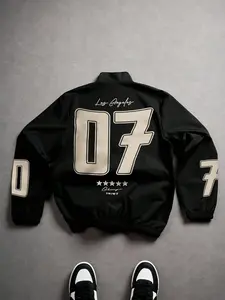 Men's Black Los Angeles Zip-Up Jacket with 07 Number Back Print and Star Details, Vintage Sportswear with Sleeve Numbers for Casual Street Style and Daily Wear, Athletic Jackets, Athlete Jackets