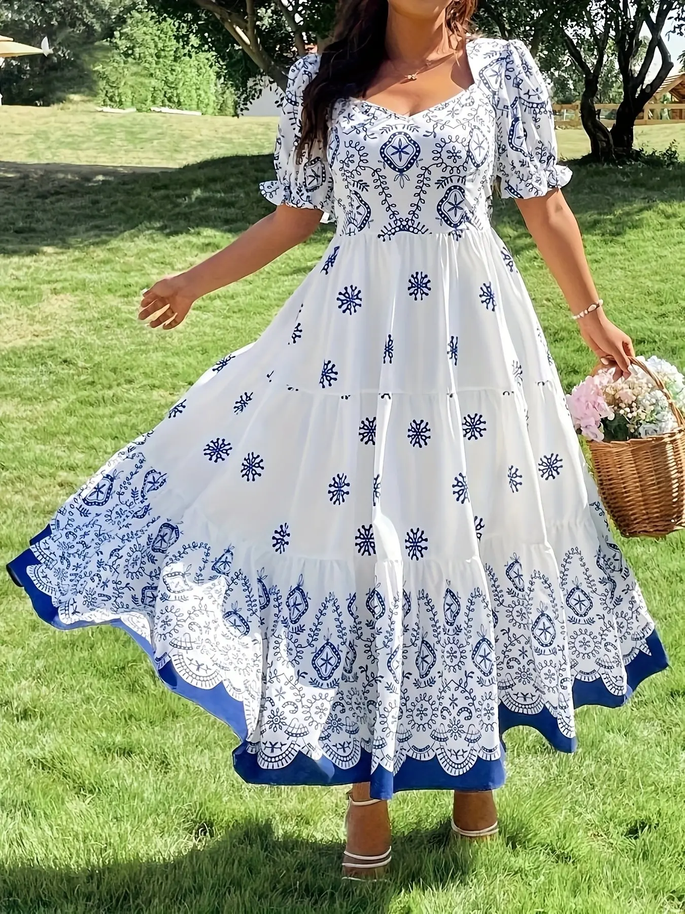Women's Plus Size Fashion Elegant Bohemian Boho Geometric Short Printed Summer Dress, Stylish Ladies' Clothing, Comfortable and Trendy, Perfect for Casual Wear, Womenswear