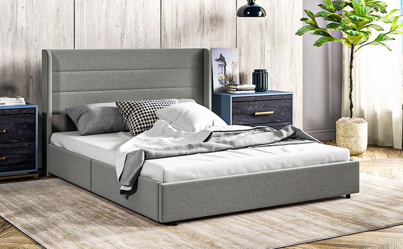 HOMCOM Full/Queen Size Bed Frame with Headboard, Upholstered Platform Bed Frame with Storage Drawers, Wood Slats, Noise-Free, and Easy Assembly, No Box Spring Needed, Light Gray