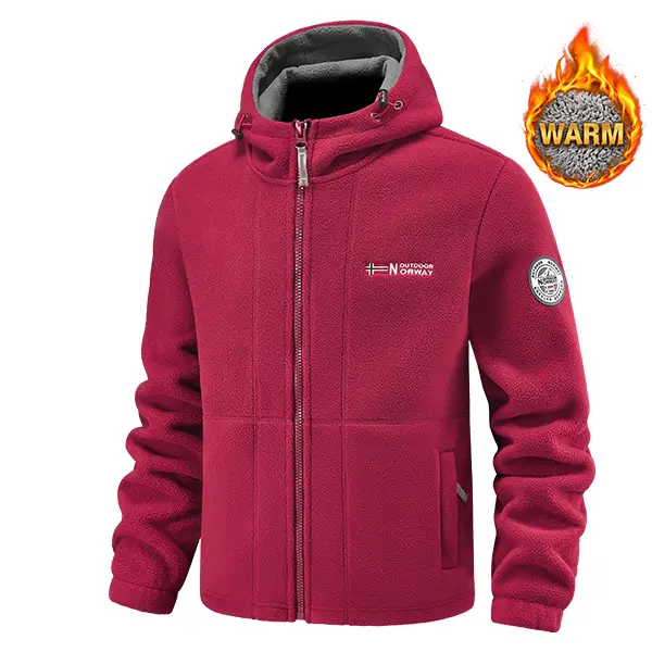 Men’s reversible fleece hooded jacket, warm fleece lining, multi-pocket design, refined embroidered logo, windproof cuffs, comfortable fit, medium size