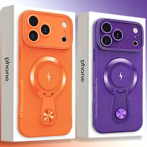 New Luxury Orange with Bracket Case for iPhone 17 16 15 14 13 Pro Max Plus Air Shockproof Non-slip Wireless Charging Cover