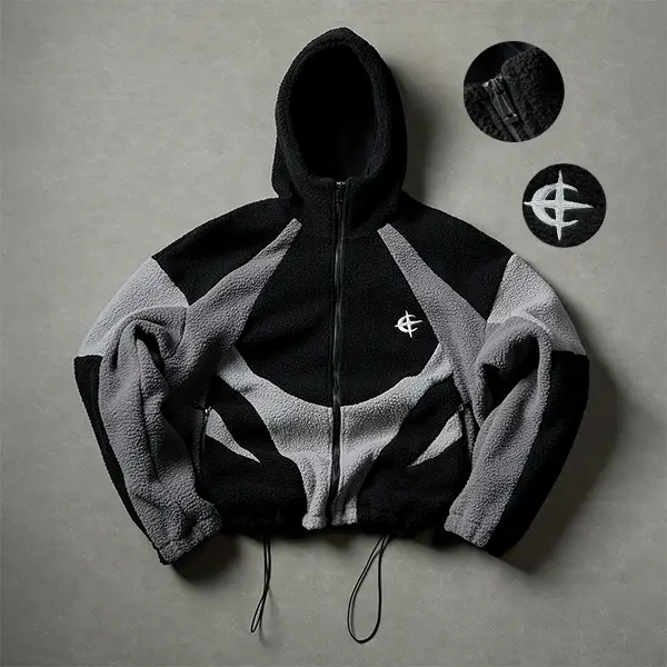 Men’s street-style geometric patchwork zip-up hooded jacket, color-block design, embroidered branding, adjustable hem; hip-hop everyday wear. Men’s trendy color-block hooded outerwear with long sleeves, side zipper pockets, and a thicker, warm casual jack