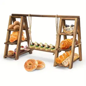 3-Tier Solid Wood Dessert Table Display Set Dark Walnut Sturdy Ladder Stand with Serving Trays Wedding Cupcake Cart Folding Cake Stand for Parties Showers Events Wood Serving Cart & Centerpiece