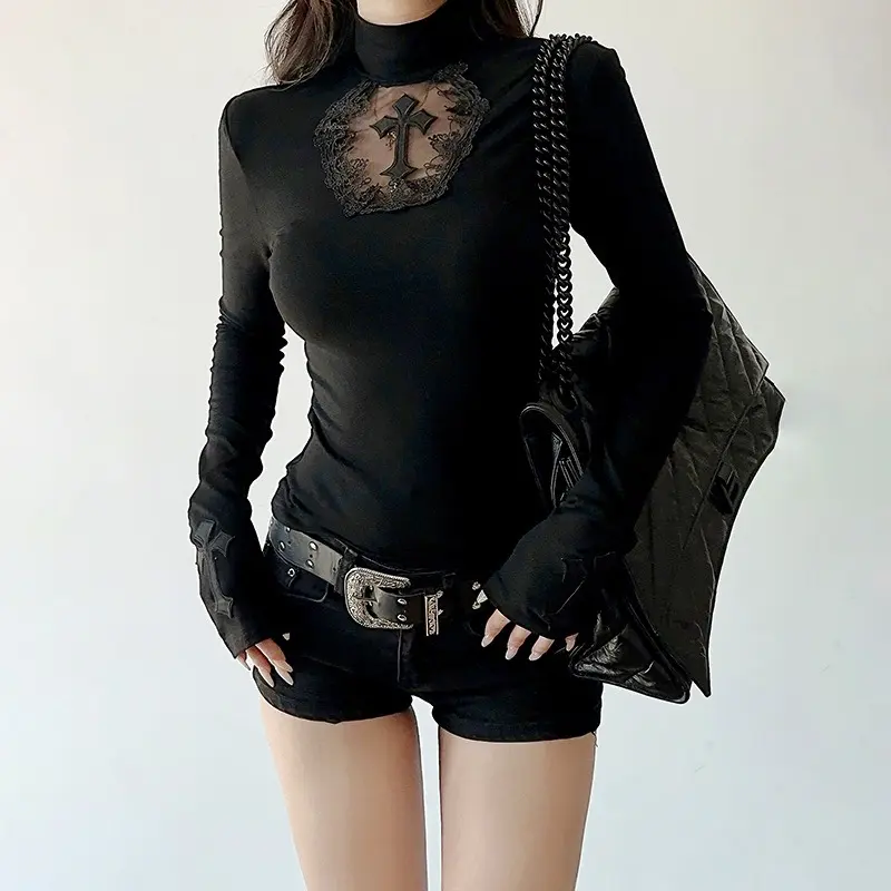 Women's Gothic Lace Cross Cutout Turtleneck Top - Slim-Fit, Long-Sleeve Womenswear Shirt for Emo Y2K Outfits