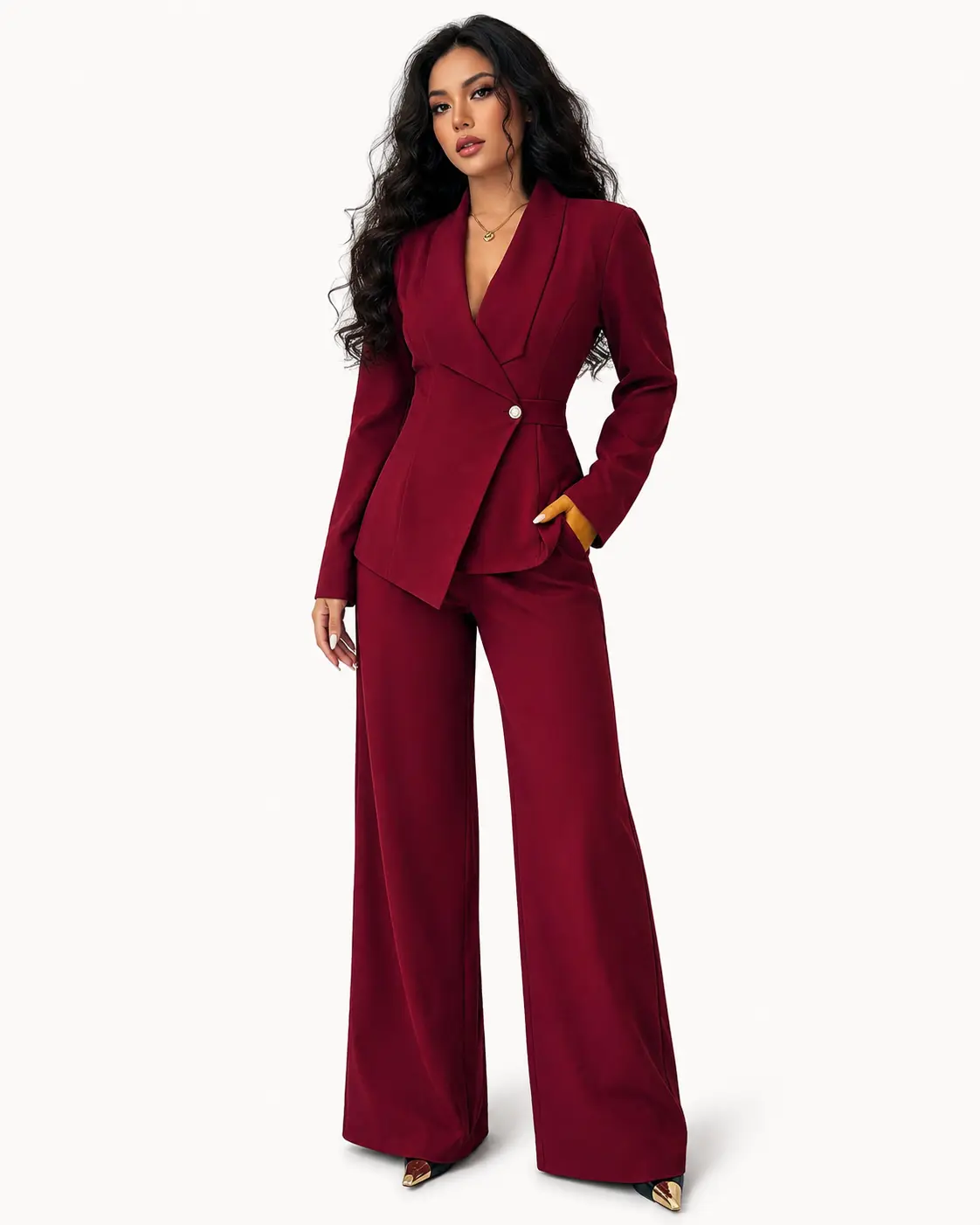 Women’s 2-Piece Belted Blazer & Wide-Leg Pants Suit – Elegant Lapel V-Neck Workwear Set for Office, Commute & Fall