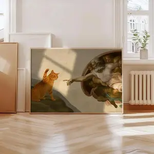 Funny Cat Poster Print – Michelangelo Parody, Humorous Renaissance Meme Art