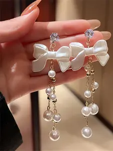 Elegant Princess Bow Design Pendant Tassel Accents Earrings Studs, Multifunctional Use Women's Jewelry for Parties and Daily Wear