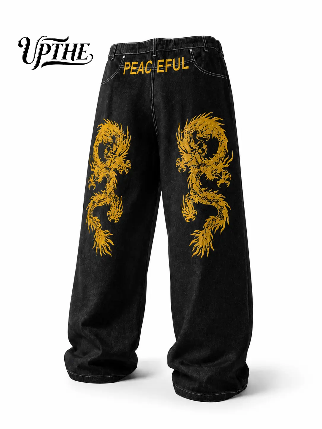 UP.THE Reverse Design Men’s Black Washed Baggy Wide Leg Jeans, with Dragon Embroidery, Oversized Alternative Y2K Streetwear, Full of Personality & Distinctive Matching