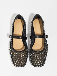 Women's Breathable Ballet Flats, Square Toe Mesh Shoes, Rhinestone Mary Jane Sandals, Fashion Low Heel Casual Footwear, Soft Sole Flats, Summer Shoes, Slip On Flats