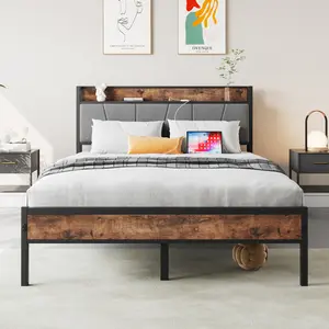 Bellemave Full Size Bed Frame with Storage Headboard & Charging Station Solid Stable Noise Free No Box Spring Needed Easy Assembly Vintage Brown Gray Unique Bedroom Furniture Upholstered Platform Bedframe