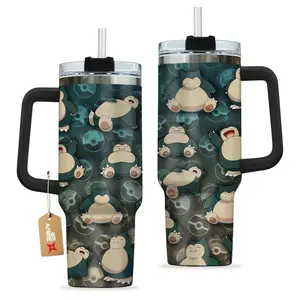 Snorlax 40oz Tumbler With Handle – Anime Gaming Stainless Steel Cup, Snorlax Sleepy Graphic Tumbler, Double Wall Iced Coffee Cup, Cute Style Drinkware, Gift for Anime & Gaming Fans