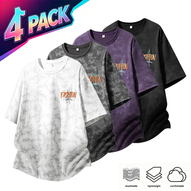 4-Pack American Retro Tie-Dye Print Short Sleeve T-Shirts, High Street Style, Loose Casual Versatile Tops