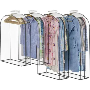 Upgraded Thickened Clear Garment Bags for Hanging Clothes 4 Packs (40 & 50 inch), 10“ Gusseted Clothes Hanging Storage Bags for Closet, Shirts, Coats, Dresses