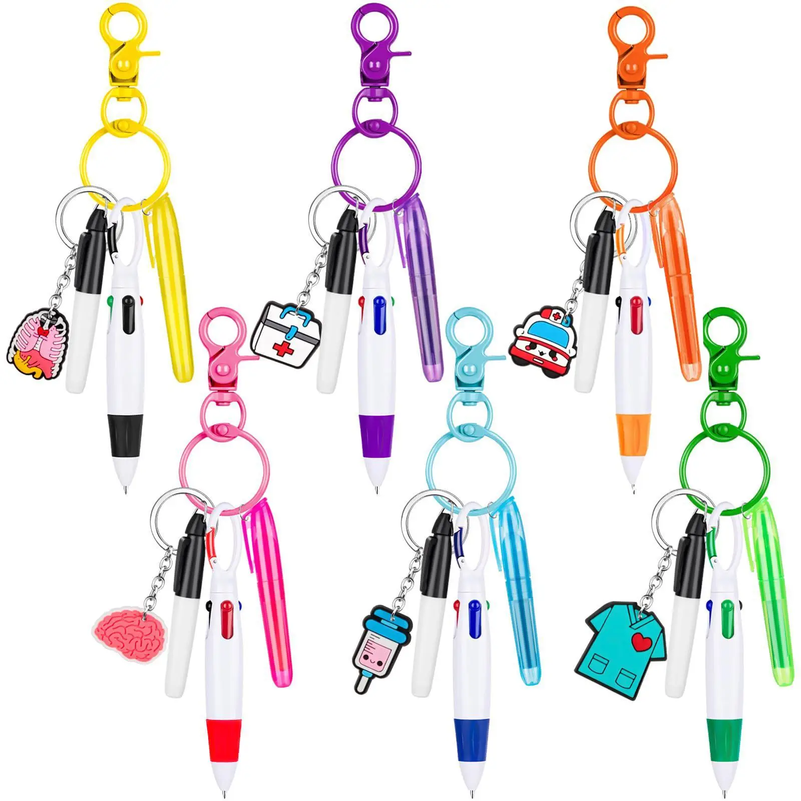 Nurse Badge Reel Pen Set, 1/2/6 Sets Including Mini Highlighter & Permanent Marker & Retractable Ballpoint & Keychain & Badge Reel, Nursing Students G