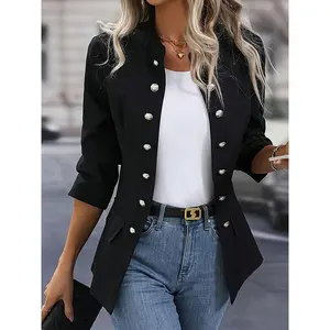 Solid Color Button Front Blazer, Elegant Long Sleeve Blazer For Office & Work, Women's Clothing