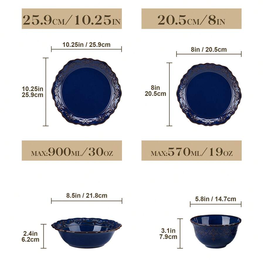 16 Piece Ceramic Dinnerware Sets, Kitchen Dinnerware, Blue Dinnerware With Bas-Relief Around The Edge, For 4 People, Dinner Plate, Dessert Plate, Bowl And Soup Plate