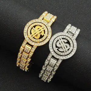 Spinner Rotating $ Sign Money Hip Hop Gold Plated 8" Cubic Zirconia Iced Fashion Bracelet