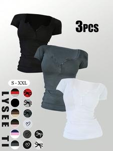 women's solid button round neck tee, casual short sleeve t-shirt for daily wear, ladies clothes for all seasons, summer womenswear