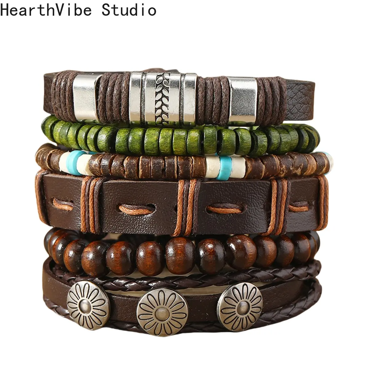 HearthVibe Studio 6-Piece Stackable Bracelet Set - Unisex Handmade Vintage Leather Bracelet Stack, Black-Khaki Tree Design Sporty Sports Wristbands for Casual Wear, Wholesale Jewelry Gift