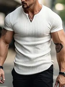 Men's modern casual T-shirt, with textured ribbed knit fabric, round/ V-neck design, lightweight and comfortable, suitable for daily wear and urban fashion style short sleeves.