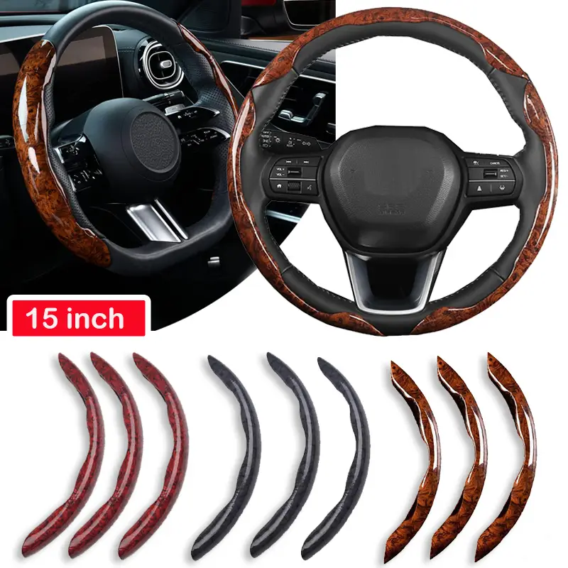 3pcs Wood Grain Car Carbon Fiber Anti-Skid Steering Wheel Cover,Segmented Steering Wheel Protector, 15'' Steering Wheel Cover, Universal 99% Car Wheel