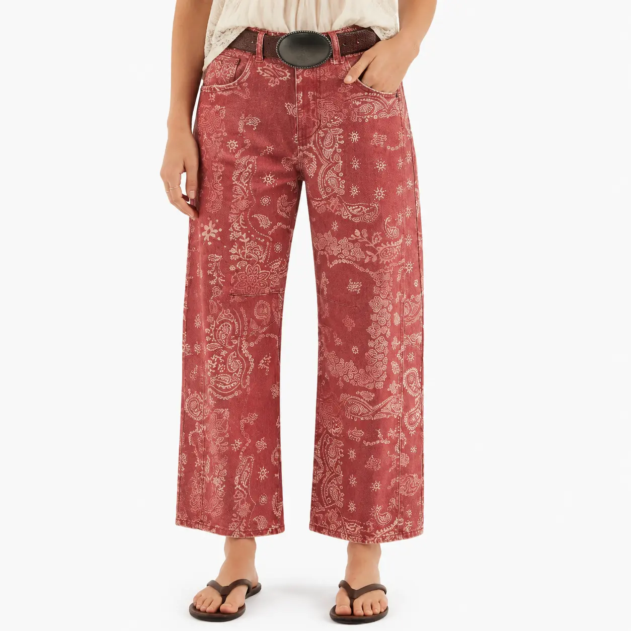 Women’s red paisley print wide-leg pants, high-waisted cropped denim-look trousers with pockets for western and casual outfits