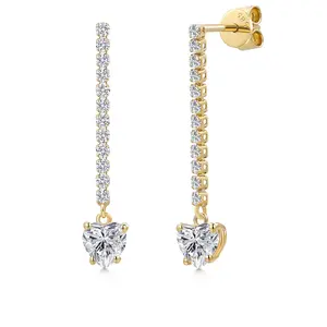 Gem Stone King 14K Yellow Gold Gemstone Birthstone and Lab Grown Diamond Long Liner Dangle Earrings for Women | Heart Shape 5MM and Round 1.5MM | Yellow Gold Chain Drop Earrings