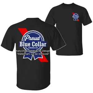 Proud Blue Collar American PBR Parody Logo Funny Quote T-Shirt, Sarcastic Humor 2 Sided Graphic Design Unisex Cotton T-shirt for Men for Women Menswear Womenswear Top