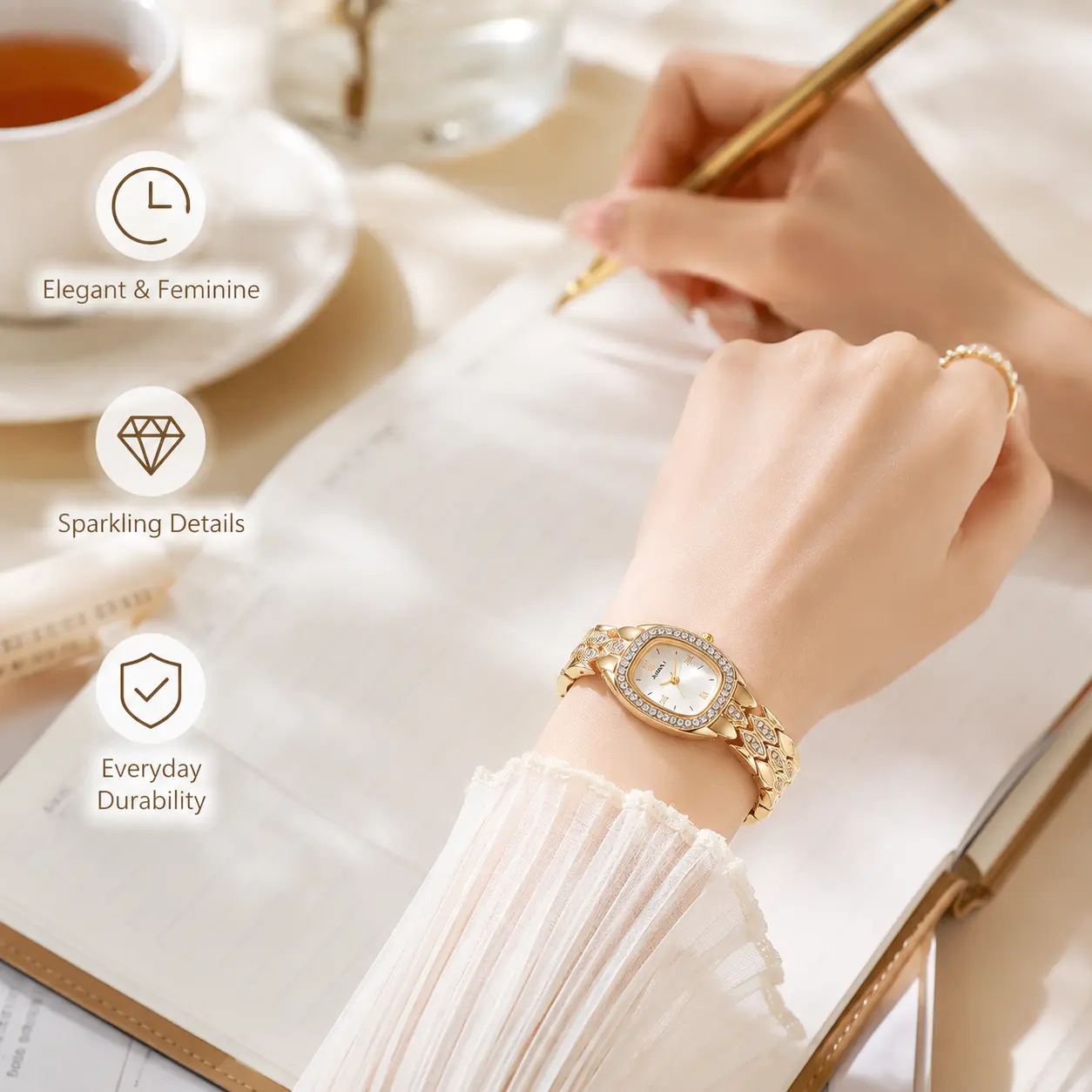 Quartz Watch for Women, Elegant Jeweled Detailing Alloy Band, Low Profile Slim Compact Design with an Oval Roman Numeral Dial, Accessories For Women, Watches For Women