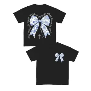 Proverbs 31:25 Blue Floral Bow Faith-Inspired Cotton T-Shirt