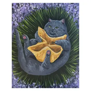Crab Rangoon Kitty Art Print 9"x12" Artistic Wall Decor Featuring Grey Cat with Lavender Field and Crab Rangoon Snack Perfect for Framing or Display