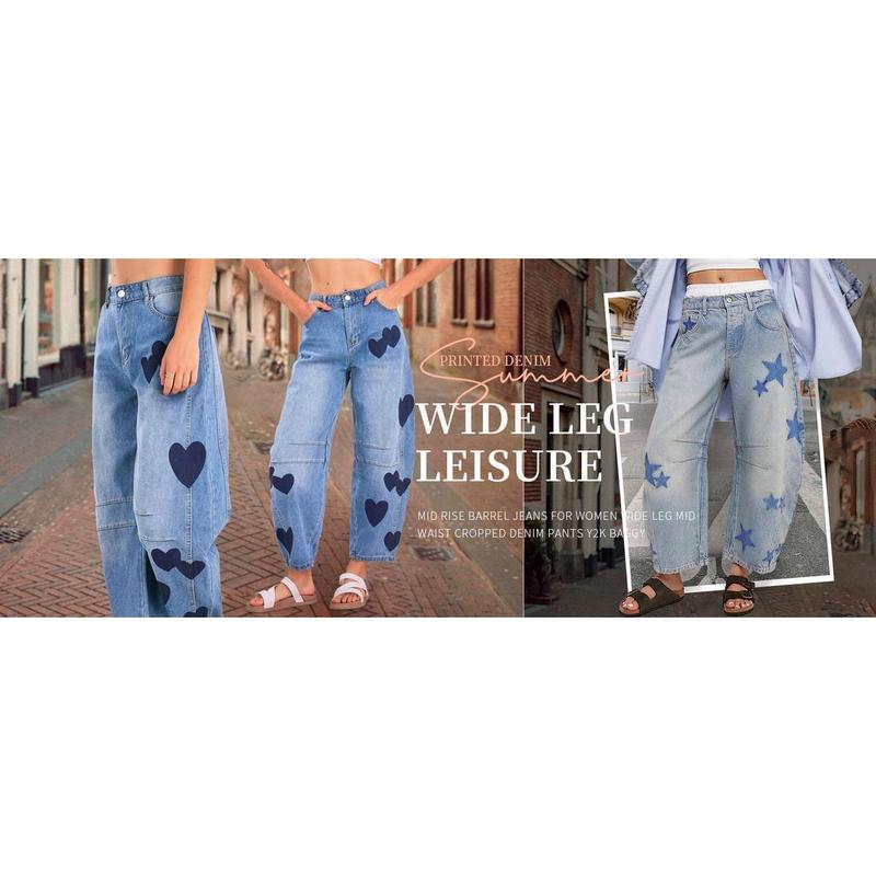 Barrel Jeans Women Wide Leg Baggy Distressed Printed Boyfriend Horseshoe Denim Pants
