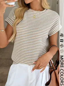 Women's Striped Waffle Knit T-Shirt, Crew Neck, Drop Shoulder Short Sleeve, Soft Stretch Fabric, Casual Daily & Vacation Wear, Basic Minimalist Style