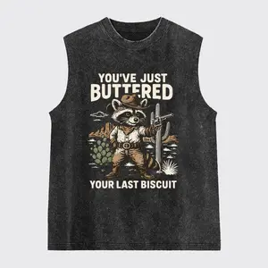 Cowboy Raccoon-You've Just Buttered Your Last Washed Tank Top, Gym Essential, Vintage Casual Crewneck Short Sleeves Menswear T-shirts Classic Cotton Fabric Streetwear