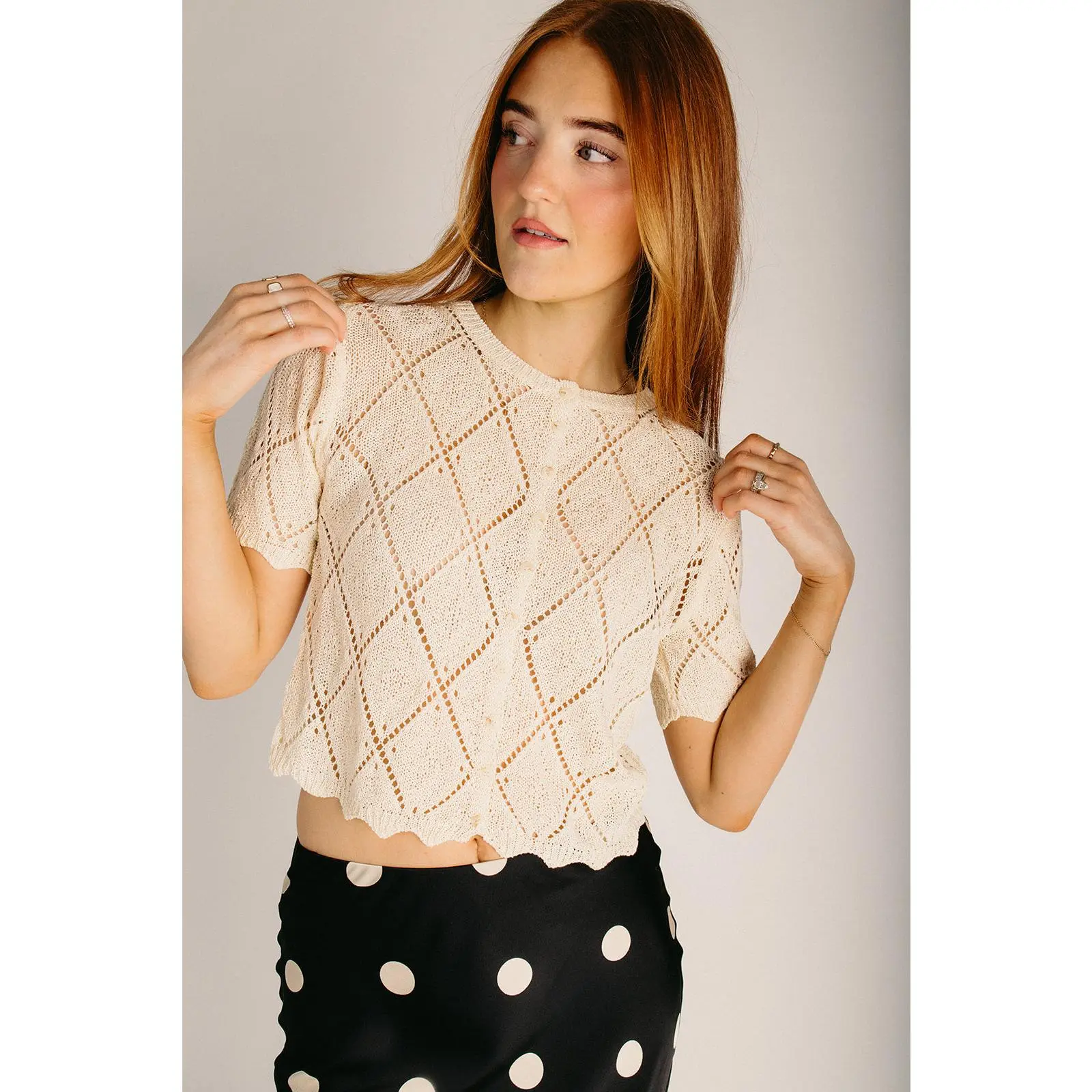 The Hamblin Pointelle Knit Cardigan in Ecru