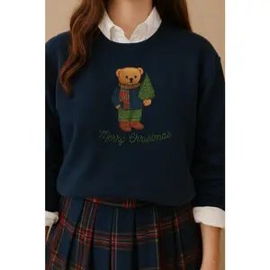 Preppy Teddy Merry Christmas Embroidered Sweatshirt, Embroidered Christmas Sweatshirt, Christmas Bear Embroidered Christmas Sweatshirt
