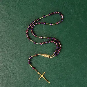 Catholic Rosary Purple Beads Necklace, with Crucifix Rosaries Communion Rosary Christian Gifts Catholic Gifts with a Gift Box And 18pcs Praying Cards