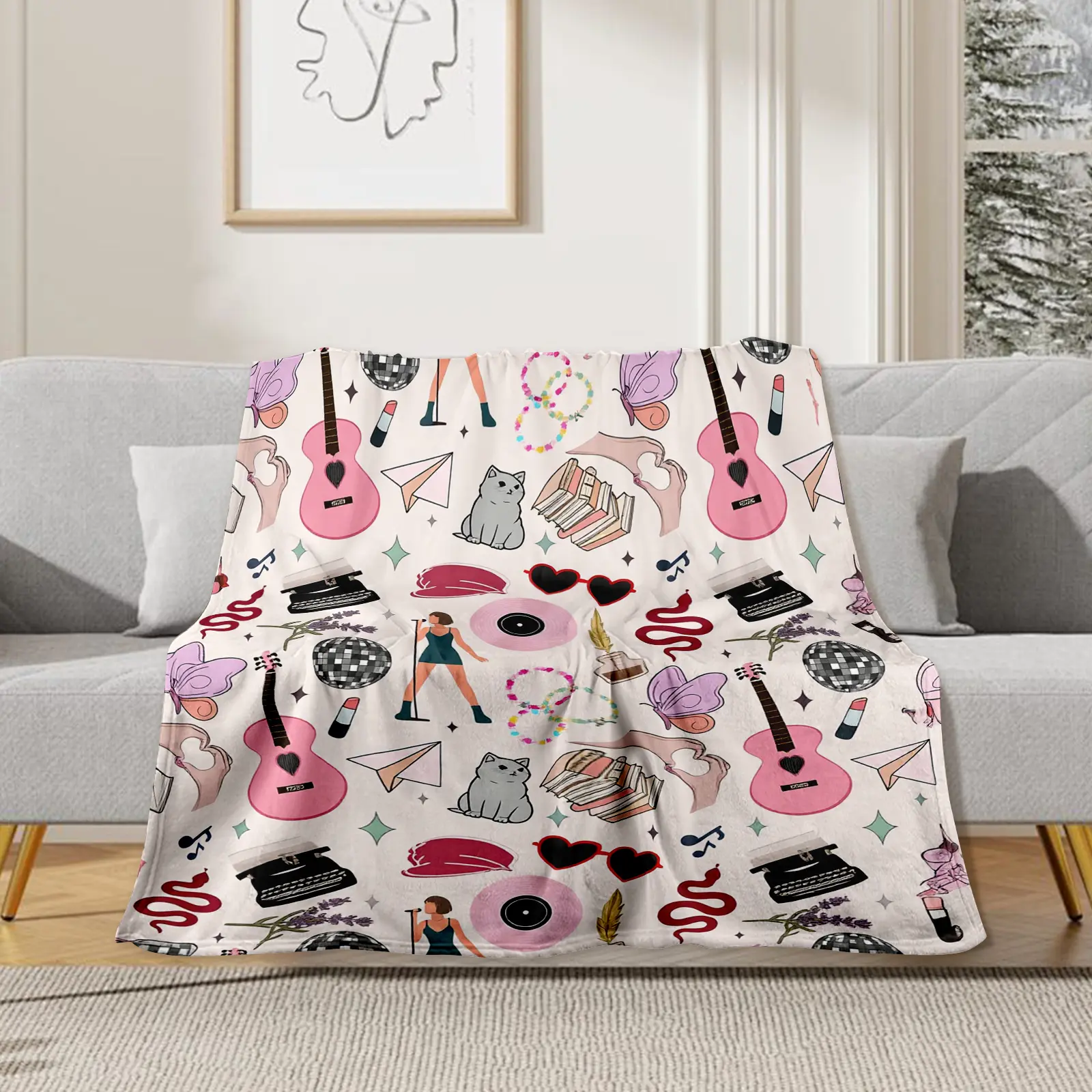 The Eras Tour Throw Blanket Cozy Soft Warm Flannel Plush Guitar Disco Ball Design Perfect Gift for Fans Premium Flannel Blankets for Ultimate Comfort Cozy in Multiple Sizes soft warm cozy throw blanket