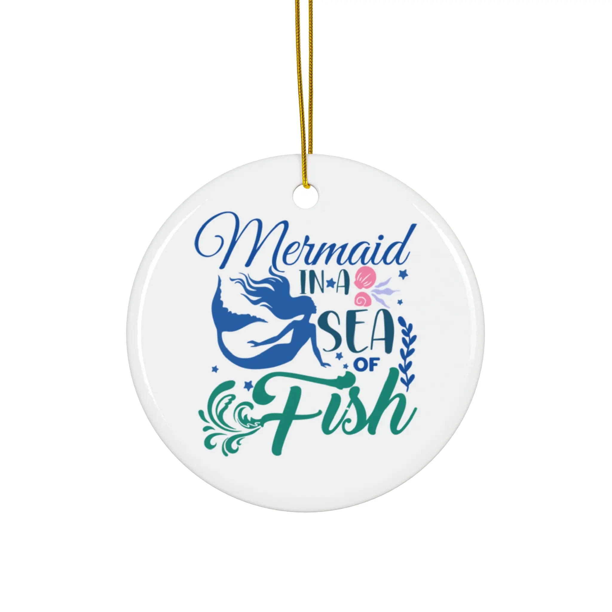 MERMAID IN A SEA OF FISH ORNAMENT, CHRISTMAS DECORATIONS, 3 INCHES CIRCLE ORNAMENT, CERAMIC ORNAMENT