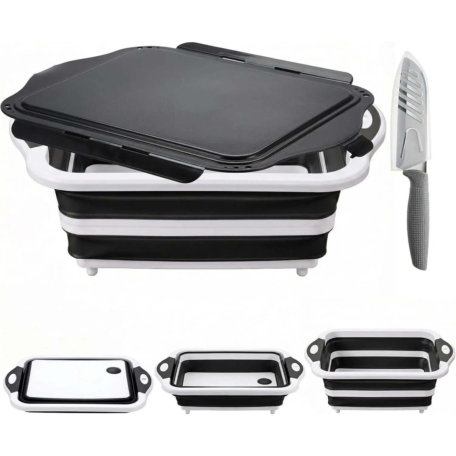 4-in-1 Foldable Camping Sink, Portable Multi-function Tub with Cutting Board Lid for Outdoor Camping Cooking and BBQ, Black, Compact Fold, Outdoor Cooking Station, Multi-Use Tub, Camping Enthusiasts